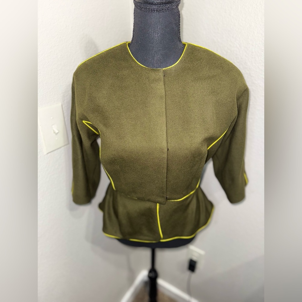 David Peck 100% Organic Wool Olive Green Jacket with Yellow Trim- ‎ Size Medium